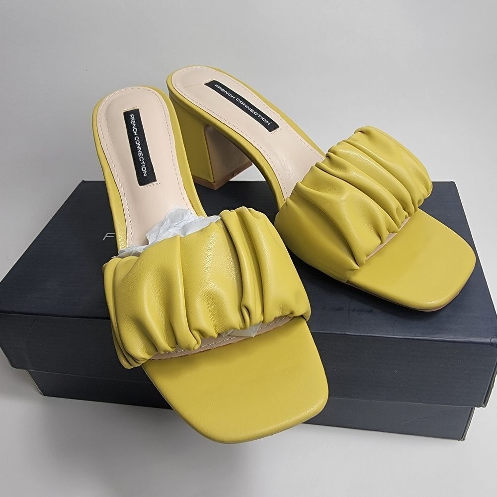 French Connection Challenge Yellow Vegan Leather Slip On Sandals Size 7.5 NIB